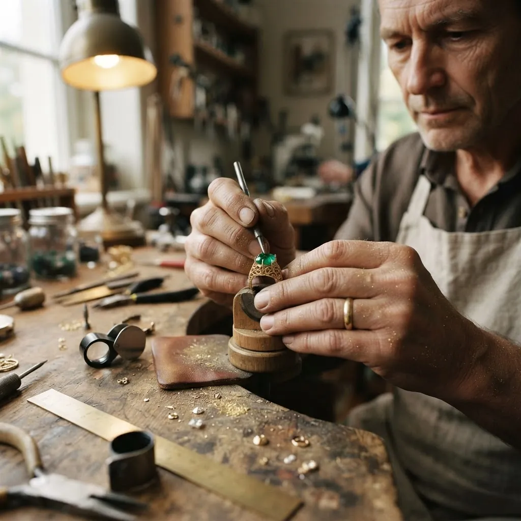 A jeweller setting an emerald into a gold ring