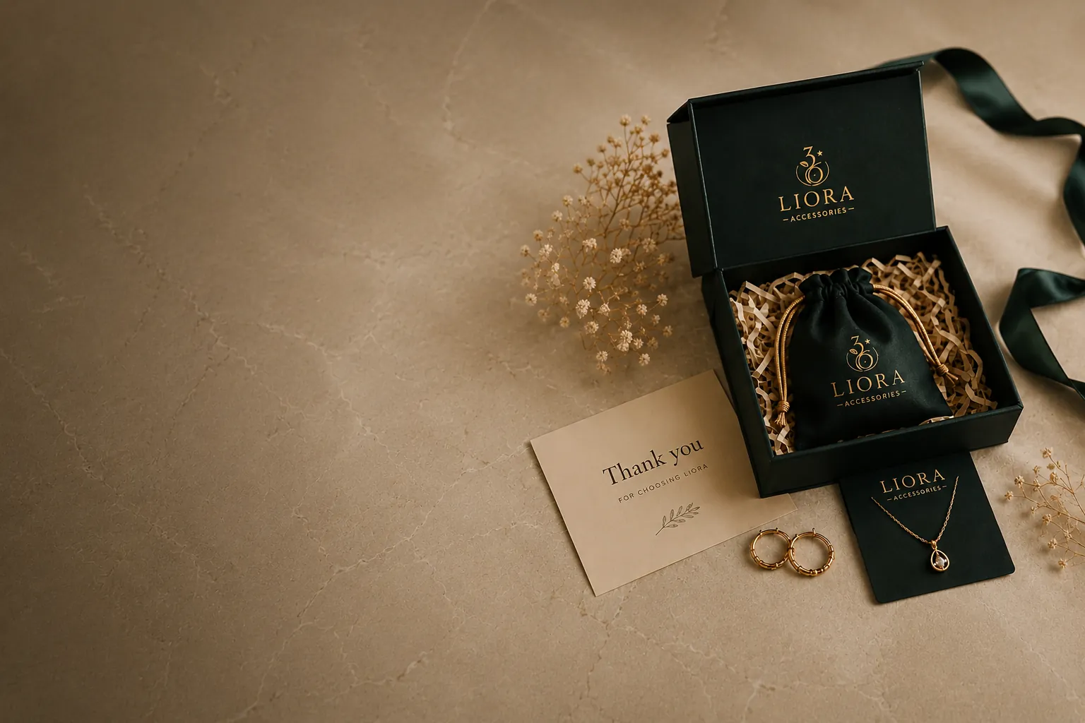 A Liora Accessories gift box, pouch and jewellery arranged on marble