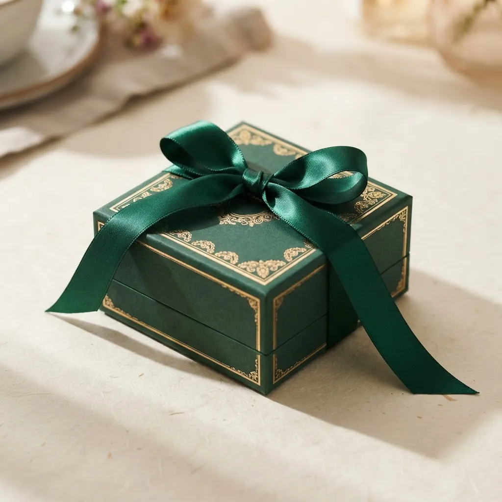 An emerald green Liora Accessories gift box with gold detailing