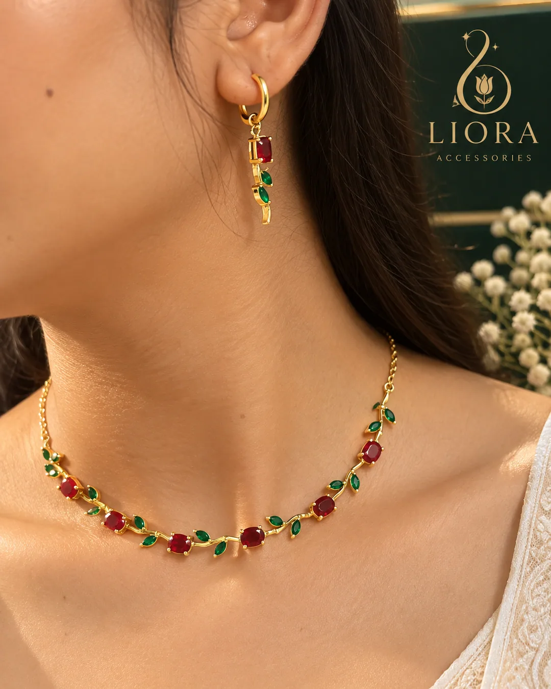 Ruby Emerald Leaf Necklace